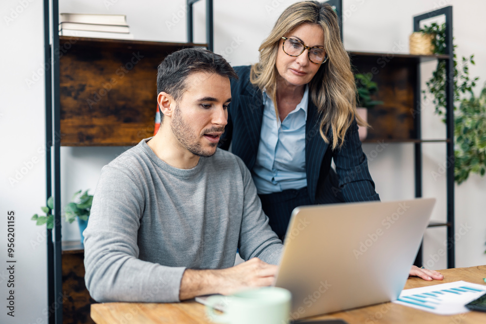 Mature businesswoman standing near coworker discussing and using laptop in office Mature businesswoman standing near coworker discussing and using laptop in office
