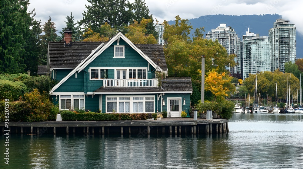 a green Craftsman-style house with white trim, on the water in Vancouver's Wharf, British Columbia a green Craftsman-style house with white trim, on the water in Vancouver's Wharf, British Columbia
