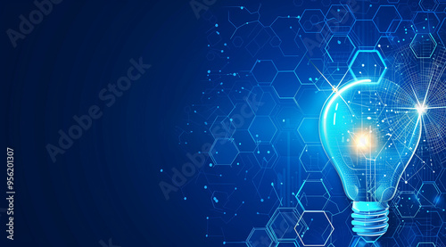 Abstract background with light bulb icons and hexagon