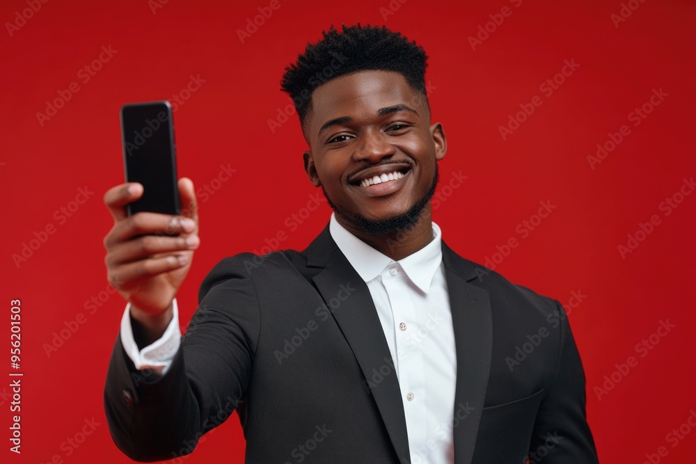 Smiling African American man in suit taking selfie with thumbs up Smiling African American man in suit taking selfie with thumbs up