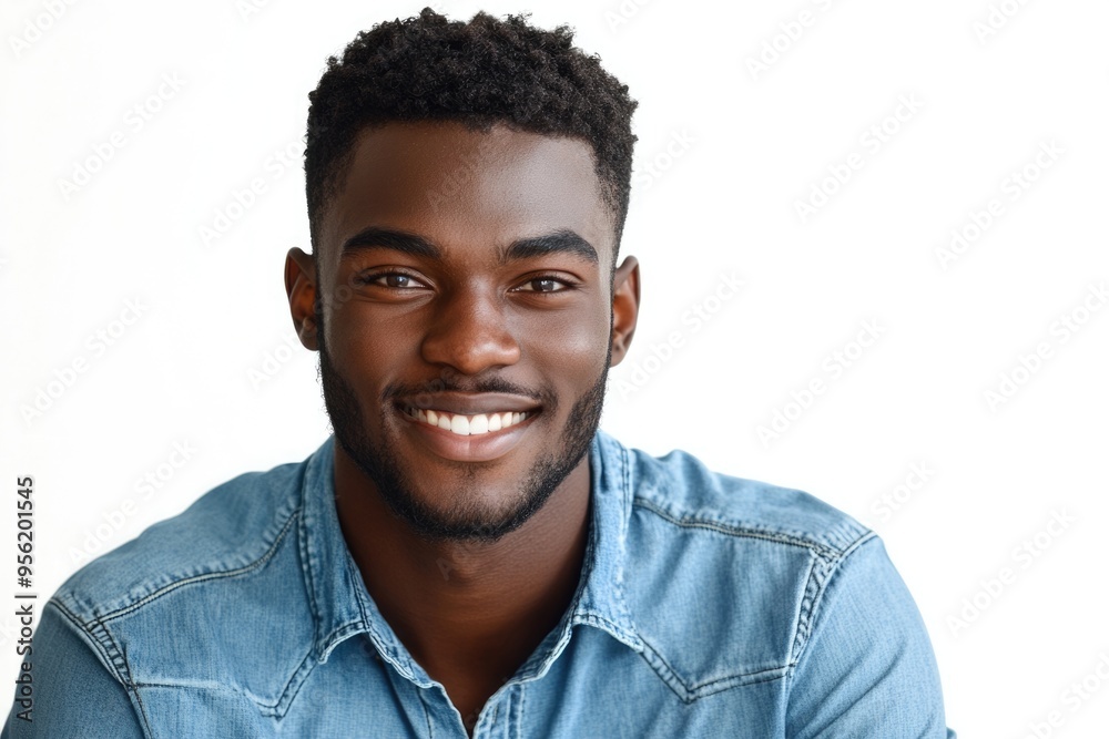 Close up portrait of a smiling young african american man in a denim shirt against white background Close up portrait of a smiling young african american man in a denim shirt against white background