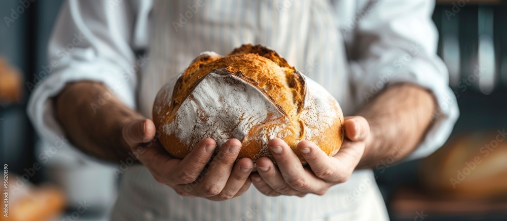 The baker holding freshly baked bread with a blank background for text or graphics in the image. with copyspace image The baker holding freshly baked bread with a blank background for text or graphics in the image. with copyspace image