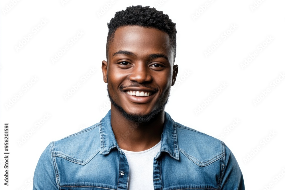 Close up portrait of a smiling young african american man in a denim shirt against white background Close up portrait of a smiling young african american man in a denim shirt against white background