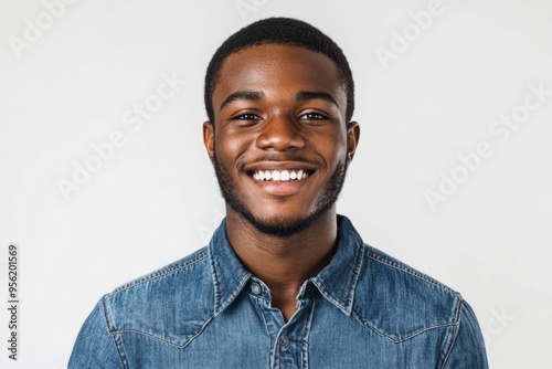 Close up portrait of a smiling young african american man in a denim shirt against white background