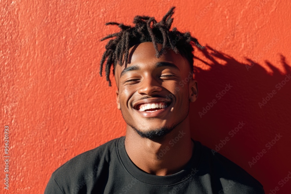 Stylish African American man laughing in city portrait. Stylish African American man laughing in city portrait.