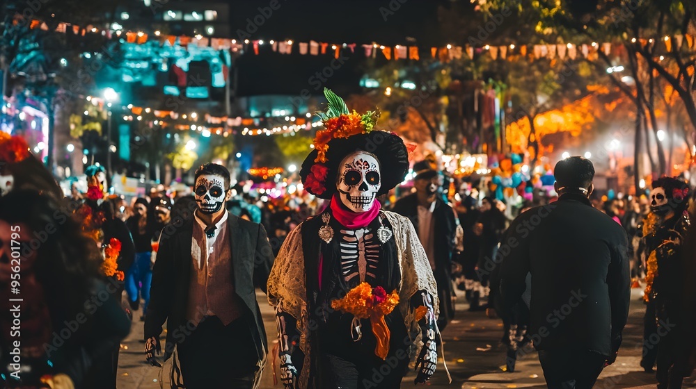 Obraz premium A group of people in Day of the Dead costumes, walking through an urban street at night with lights and decorations on both sides