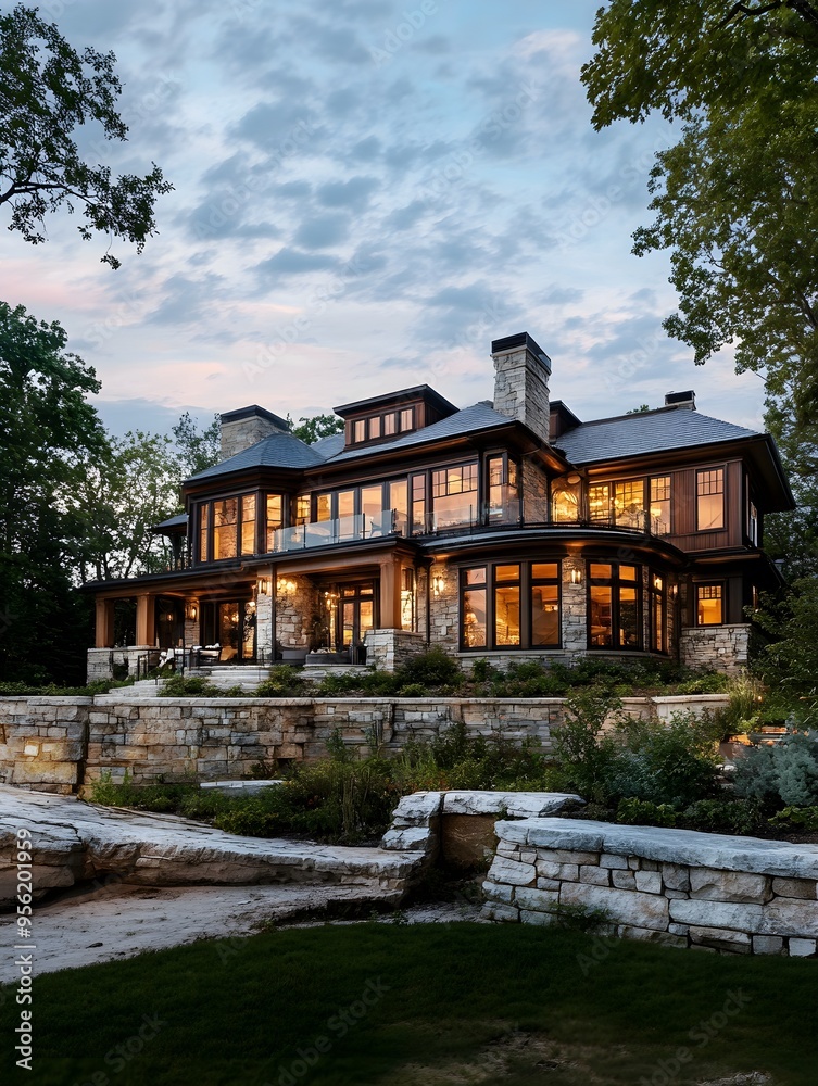 A large, elegant home with stone and wood details sits on the shore of Lake Michigan, overlooking the water at sunset A large, elegant home with stone and wood details sits on the shore of Lake Michigan, overlooking the water at sunset