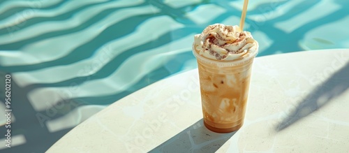 Fredo s iced coffee Frappe with a summer feel by a clear blue pool on a white table A minimalistic summer background with sun shadows and ample copy space image photo