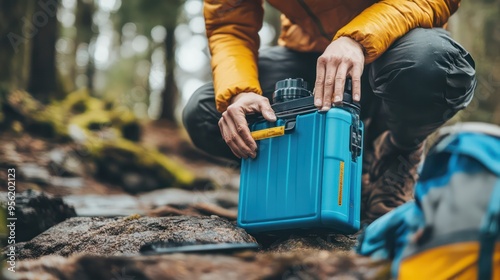 A person adding a portable water filtration system to an emergency kit, demonstrating the importance of clean water during crises. photo