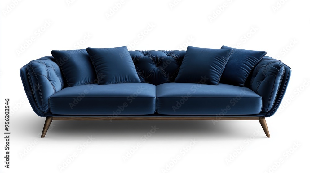 Obraz premium Chic modern italian sofa with pillow and angular wooden legs isolated on white background. suitable for product photo