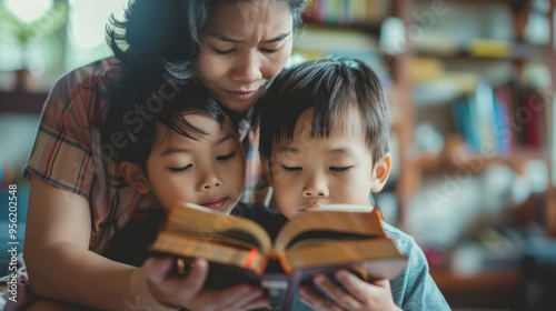 A woman is reading a book to two children