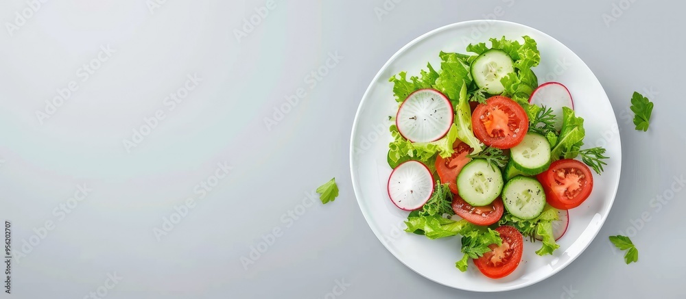 Fresh green salad with tomato cucumber and radish on a plate suitable for copy space image Fresh green salad with tomato cucumber and radish on a plate suitable for copy space image