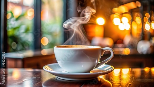 Wallpaper Mural Steaming coffee cup in a cozy cafe setting with warm lighting.. Torontodigital.ca