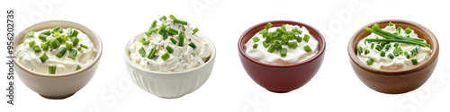 A bowl of sour cream with onion is isolated on white background, clipped, with a full depth of field.