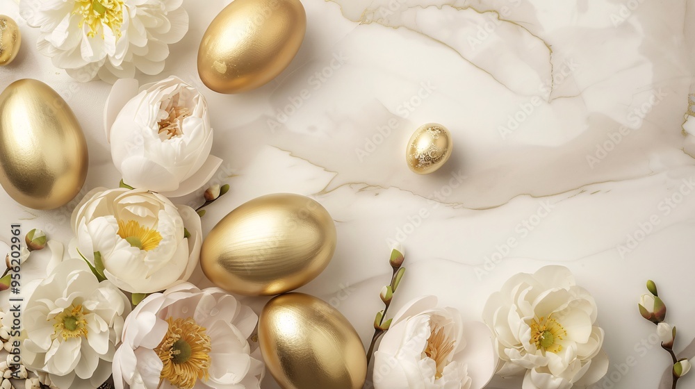 07231249 539. Top view of gleaming golden Easter eggs and elegant flowers on a light, neutral background, featuring ample space for a personalized Easter greeting or message 07231249 539. Top view of gleaming golden Easter eggs and elegant flowers on a light, neutral background, featuring ample space for a personalized Easter greeting or message