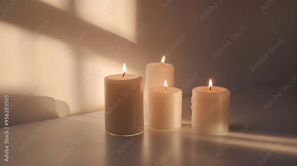 A minimal arrangement of melting candles casting eerie shadows against a plain background A minimal arrangement of melting candles casting eerie shadows against a plain background