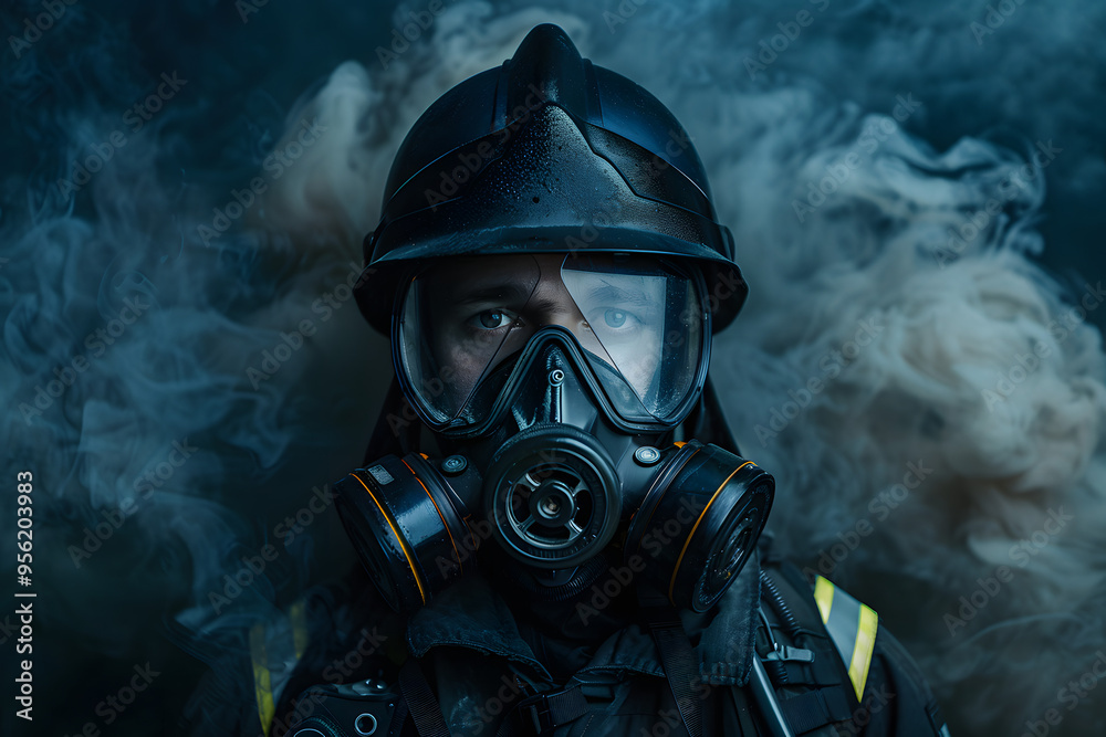 Front view of a firefighter in full gear, including a gas mask and helmet, standing amidst smoke on a dark background Front view of a firefighter in full gear, including a gas mask and helmet, standing amidst smoke on a dark background