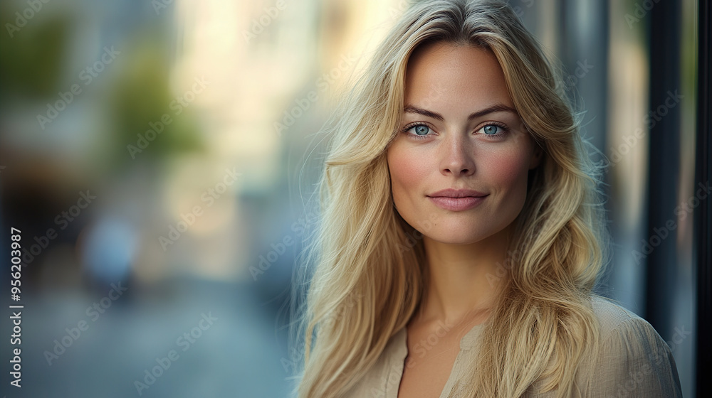A portrait of an attractive blonde woman with long hair, wearing casual attire and standing outdoors in the city A portrait of an attractive blonde woman with long hair, wearing casual attire and standing outdoors in the city