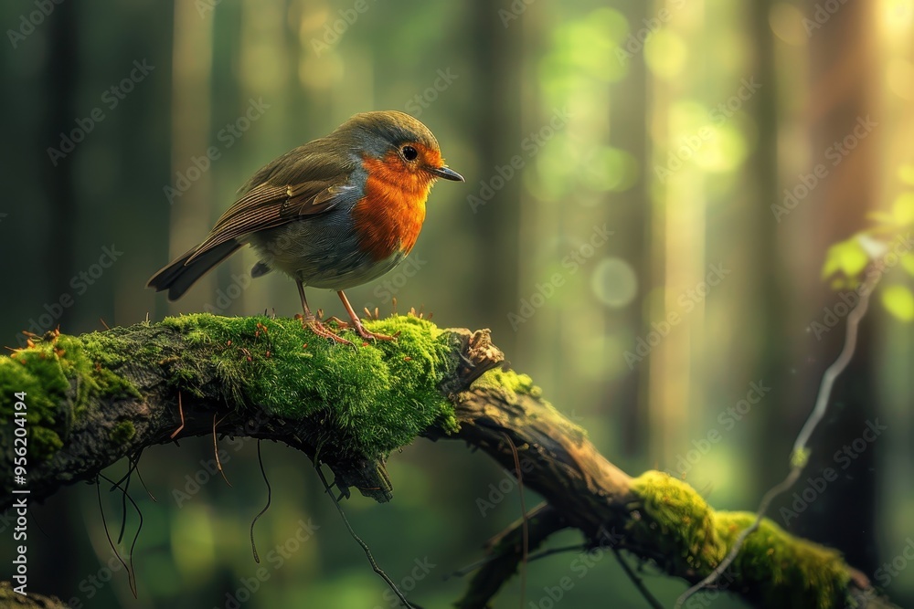 A vibrant image of a European robin perched on a mossy tree branch, with a blurred forest background. A vibrant image of a European robin perched on a mossy tree branch, with a blurred forest background.