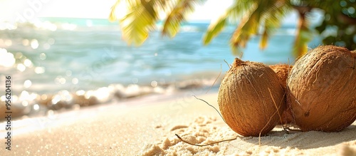 Coconuts drying on the sandy beach with copy space image