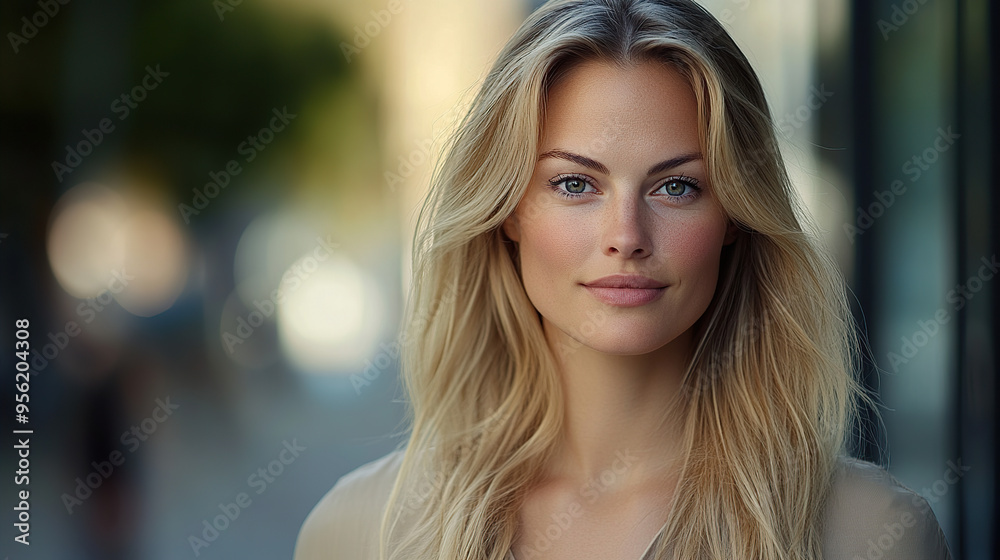 Naklejka premium A portrait of an attractive blonde woman with long hair, wearing casual attire and standing outdoors in the city