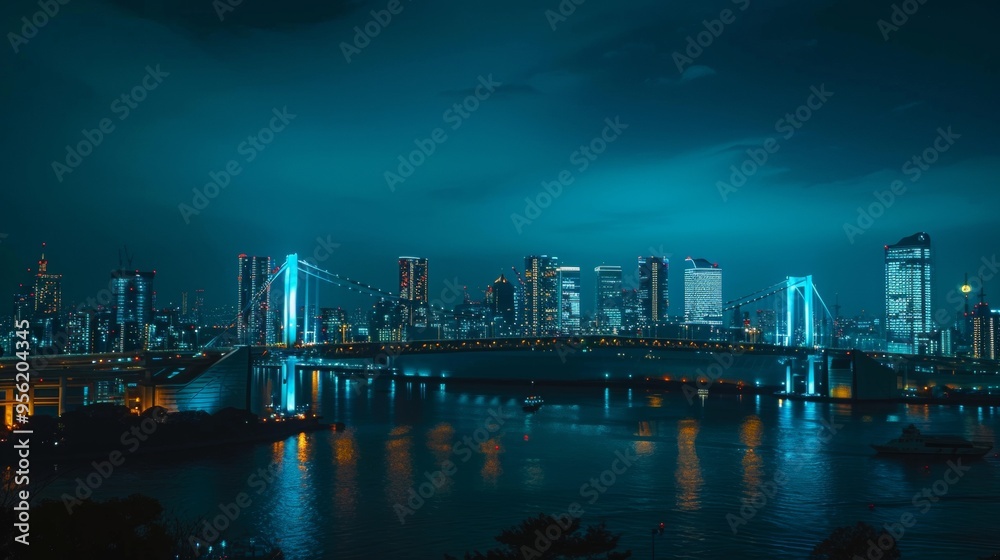 Fototapeta premium Black to light blue gradient in the Tokyo night sky with the Rainbow Bridge in the foreground