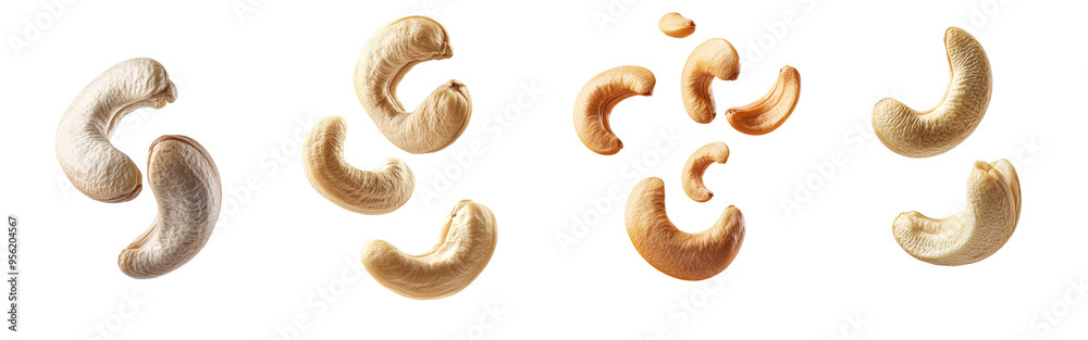 The falling cashew nut is isolated on a white background, with full depth of field and a clipping path The falling cashew nut is isolated on a white background, with full depth of field and a clipping path