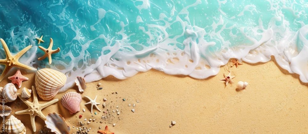 Fototapeta premium Summer beach background with sea sand starfish shells and copy space image