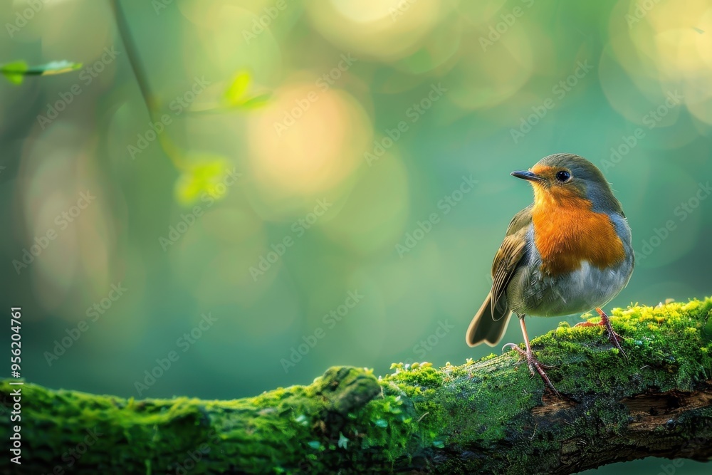 A vibrant image of a European robin perched on a mossy tree branch, with a blurred forest background. A vibrant image of a European robin perched on a mossy tree branch, with a blurred forest background.