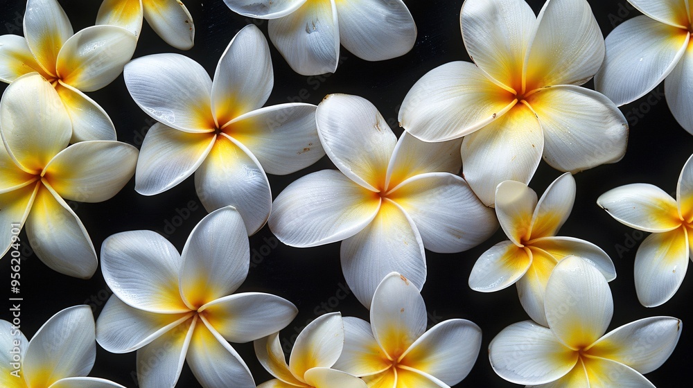 07231249 561. Close-up of white and yellow Frangipani (Plumeria) flowers isolated on a black background, showcasing their vibrant colors and intricate petal details with a dramatic contrast 07231249 561. Close-up of white and yellow Frangipani (Plumeria) flowers isolated on a black background, showcasing their vibrant colors and intricate petal details with a dramatic contrast