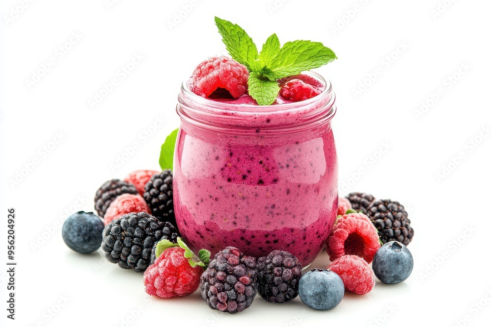 A vibrant smoothie in a jar surrounded by fresh berries and mint leaves. A vibrant smoothie in a jar surrounded by fresh berries and mint leaves.