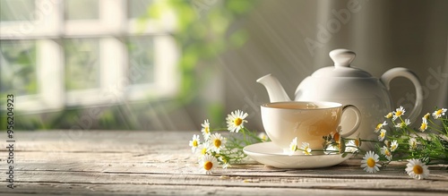 White cup holding herbal organic chamomile tea with wild summer flowers beside a teapot featuring a copy space image