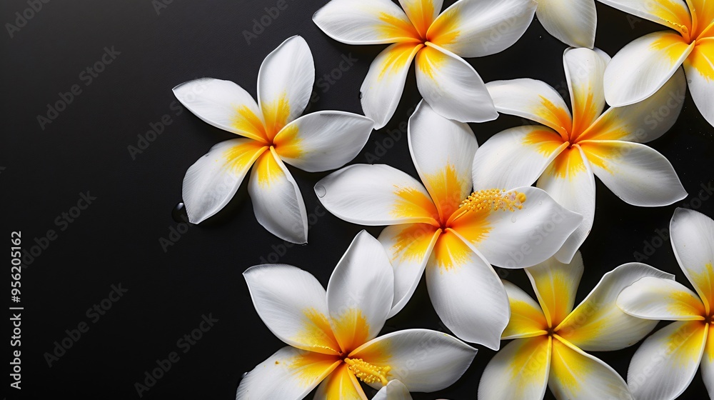 07231249 564. High-resolution close-up of white and yellow Frangipani flowers on a black background, capturing the intricate details and bright contrast of the tropical blossoms 07231249 564. High-resolution close-up of white and yellow Frangipani flowers on a black background, capturing the intricate details and bright contrast of the tropical blossoms