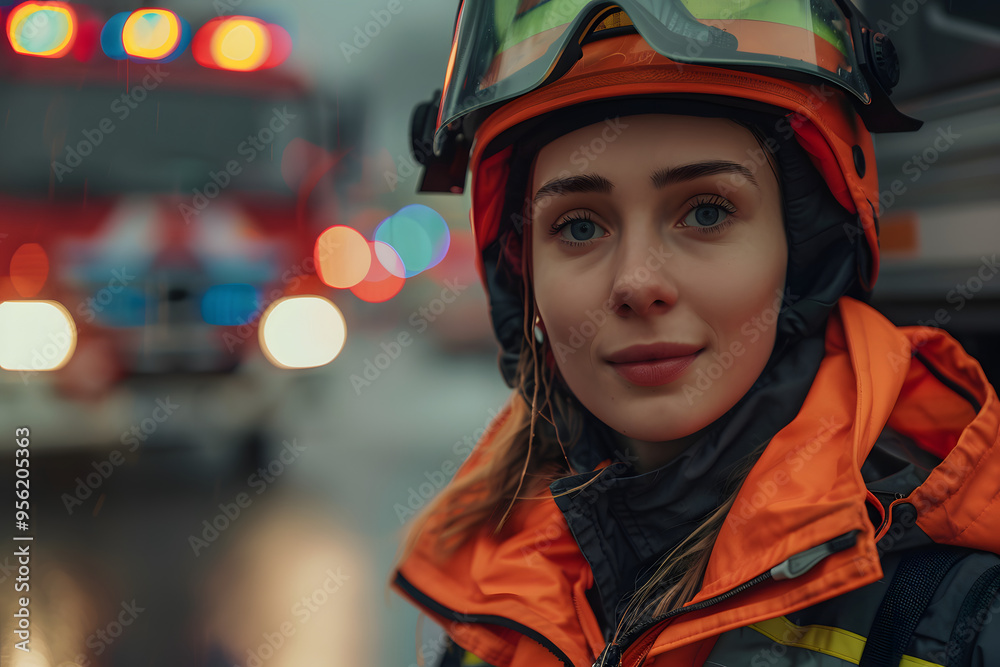 Portrait of a female firefighter in protective uniform, standing confidently in front of an emergency ambulance truck, ready for action Portrait of a female firefighter in protective uniform, standing confidently in front of an emergency ambulance truck, ready for action