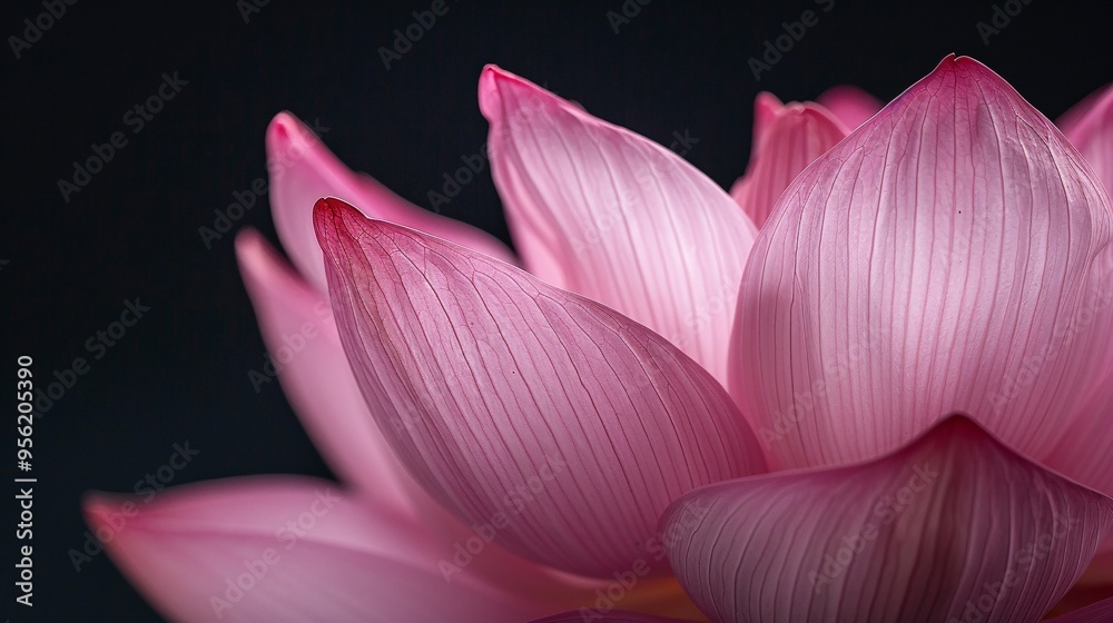 07231249 568. Detailed close-up of a pink lotus flower, isolated on a black backdrop, capturing the intricate petal textures and the flower's significance in worship practices