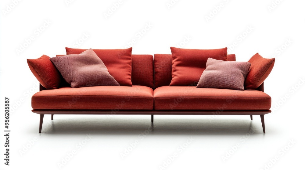 Fototapeta premium Chic modern italian sofa with pillow and angular wooden legs isolated on white background. suitable for product photo