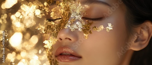 Asian woman with intricate gold leaf applied to her skin, shimmering in soft light, blending art and natural beauty