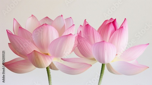 07231249 571. Close-up of two beautiful pink lotus flowers arranged together, isolated on a clean background, highlighting their delicate petals and elegant form