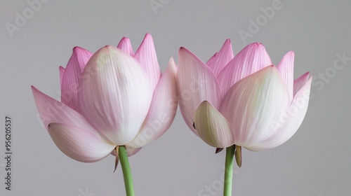 07231249 571. Close-up of two beautiful pink lotus flowers arranged together, isolated on a clean background, highlighting their delicate petals and elegant form