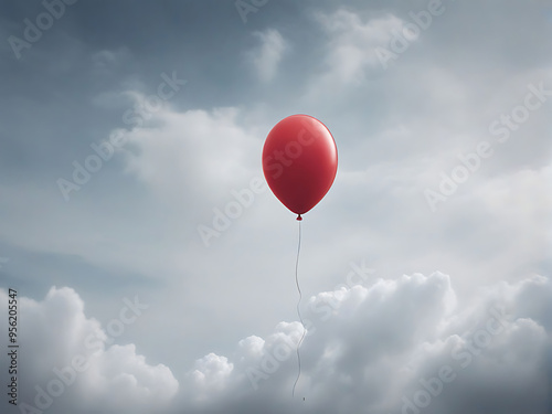 A single red balloon floats in a cloudy sky