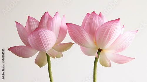 07231249 574. High-resolution image of two pink lotus flowers, capturing their intricate petal details and elegant arrangement, isolated on a clean background