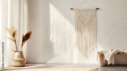 A minimalist scene featuring a boho macramé wall hanging against a plain backdrop