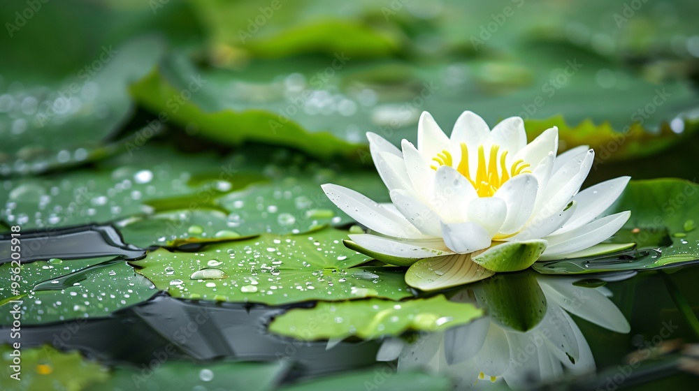 07231249 577. Detailed view of a white lotus flower and lily leaves on a water surface, highlighting the flower's beauty and the freshness of the leaves after rain 07231249 577. Detailed view of a white lotus flower and lily leaves on a water surface, highlighting the flower's beauty and the freshness of the leaves after rain