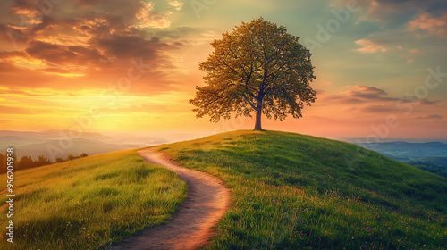 Serene Tree at Sunset on a Winding Path Through Rolling Hills