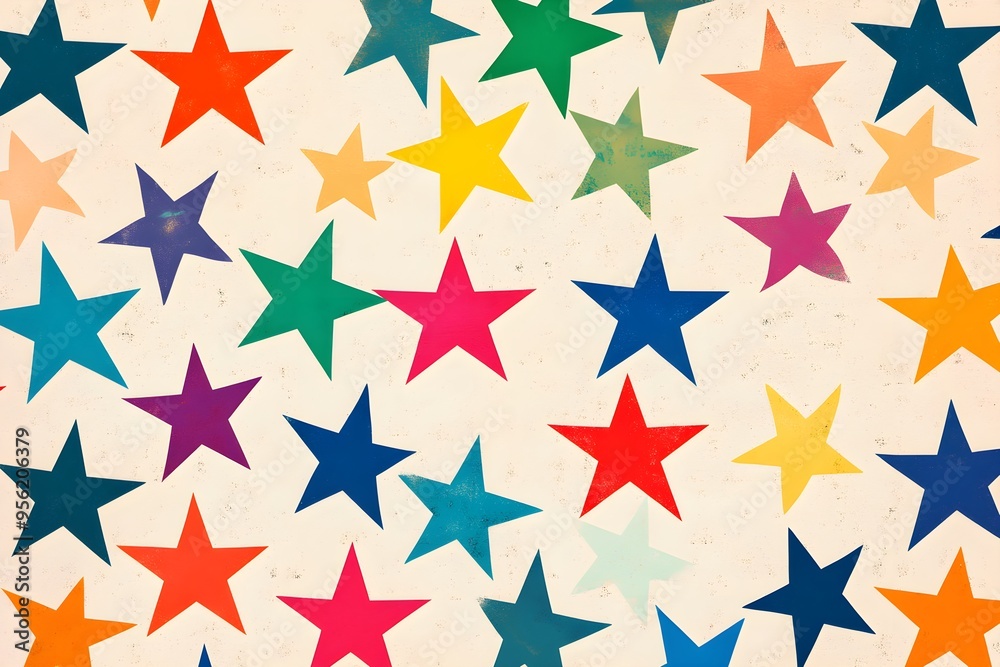 A pattern of bright, bold stars in primary colors, arranged in a minimalistic design