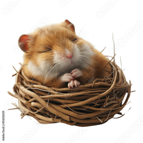 A cute, fluffy hamster sleeping peacefully in a cozy nest made of twigs and grass, showcasing its adorable features. photo