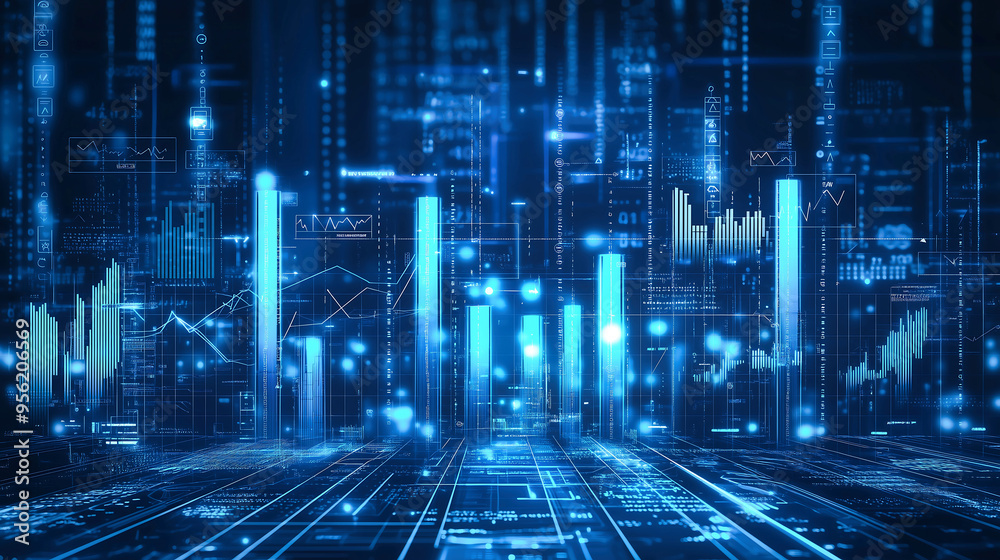 Digital Financial Data Visualization with Rising Graphs and Bar Charts Digital Financial Data Visualization with Rising Graphs and Bar Charts