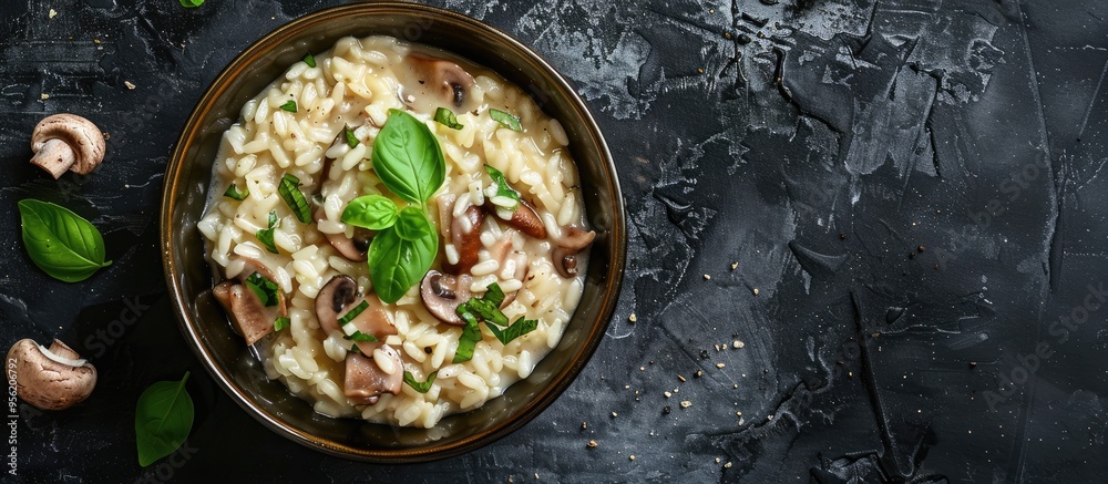 Top view of a bowl of mushroom risotto on a dark grunge surface with room for text or other elements in the image. with copyspace image Top view of a bowl of mushroom risotto on a dark grunge surface with room for text or other elements in the image. with copyspace image