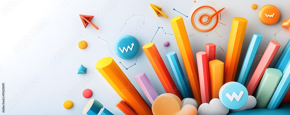 Colorful 3D Bar Chart with White Zigzag Line Colorful 3D Bar Chart with White Zigzag Line