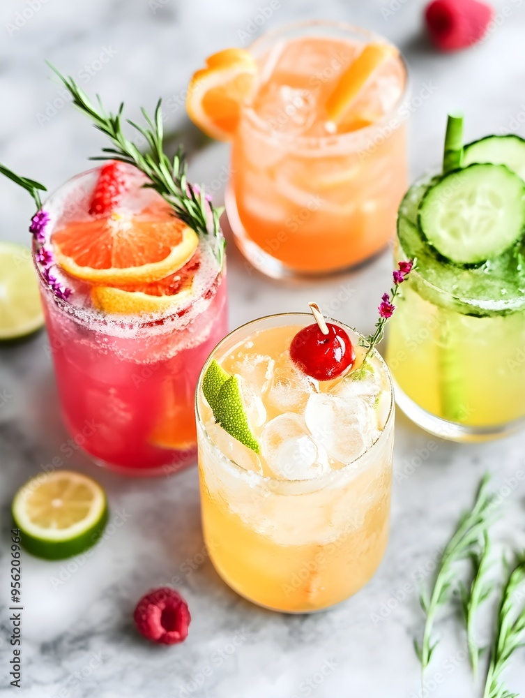 A selection of alcohol-free cocktails with creative garnishes A selection of alcohol-free cocktails with creative garnishes